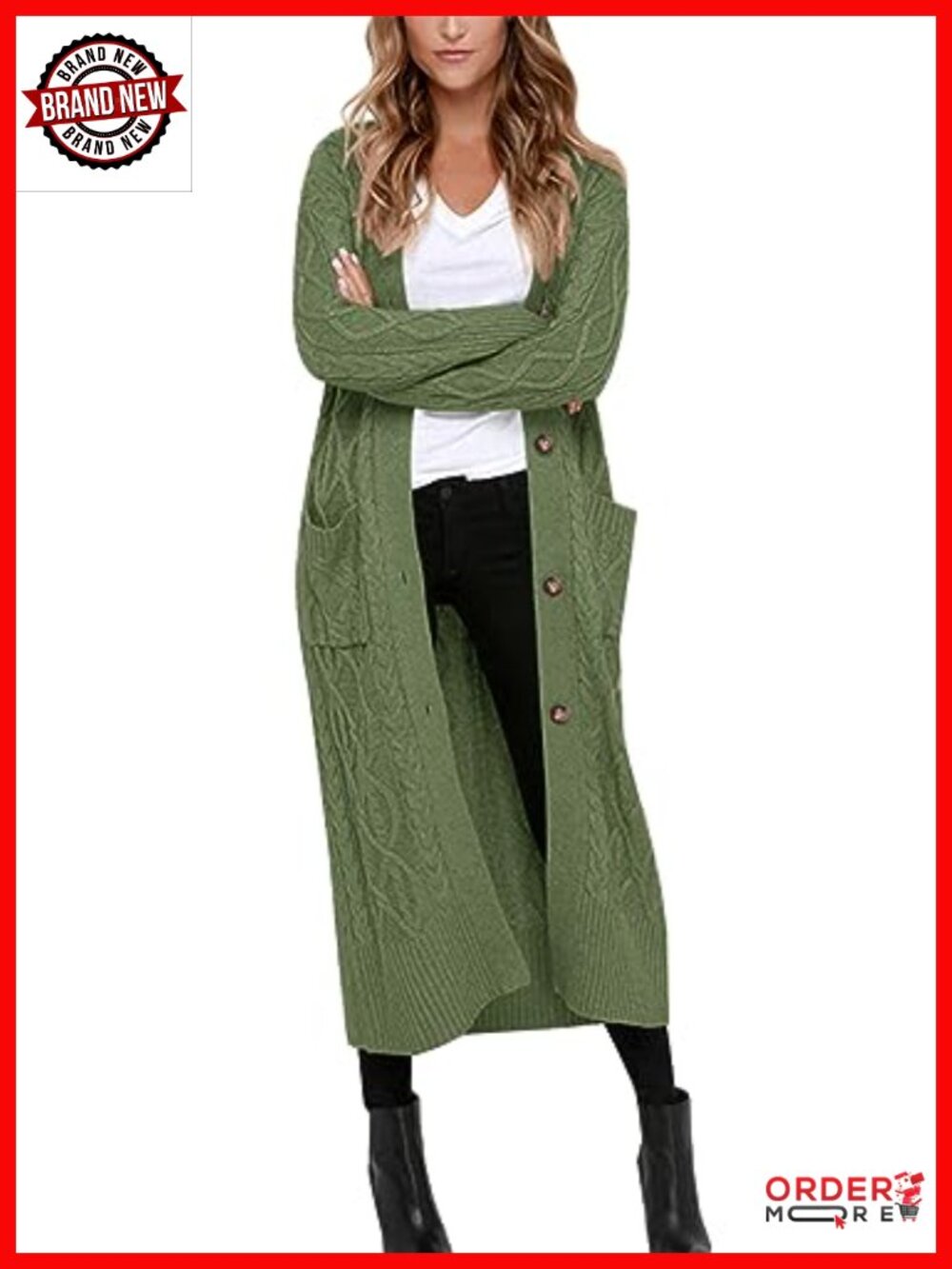 Women's Chunky Cable Knit Long Cardigan Button Down Sweater with Pockets